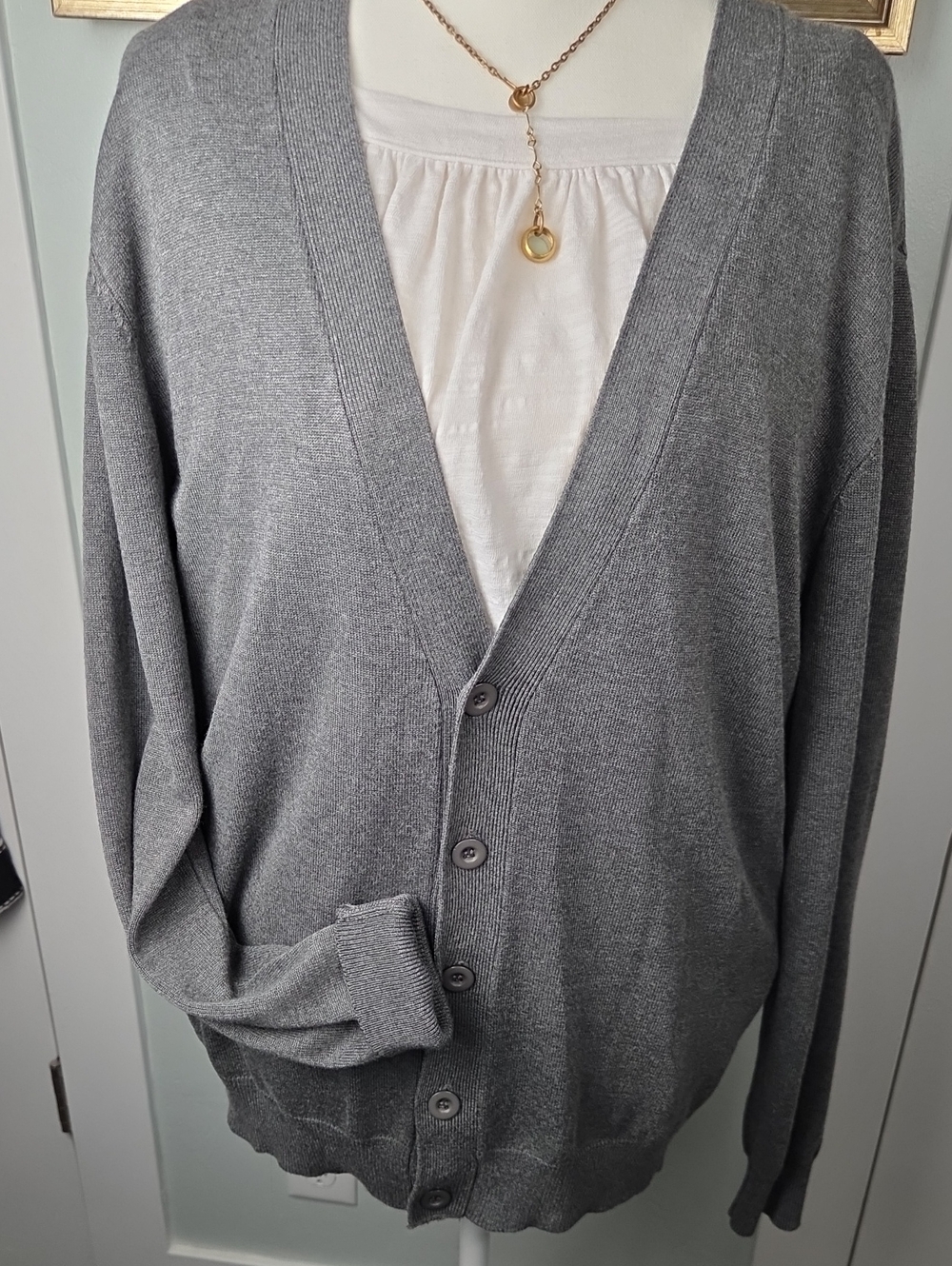 Classic Grey V-Neck Button-Front Cardigan Sweater Grandpa Sweater